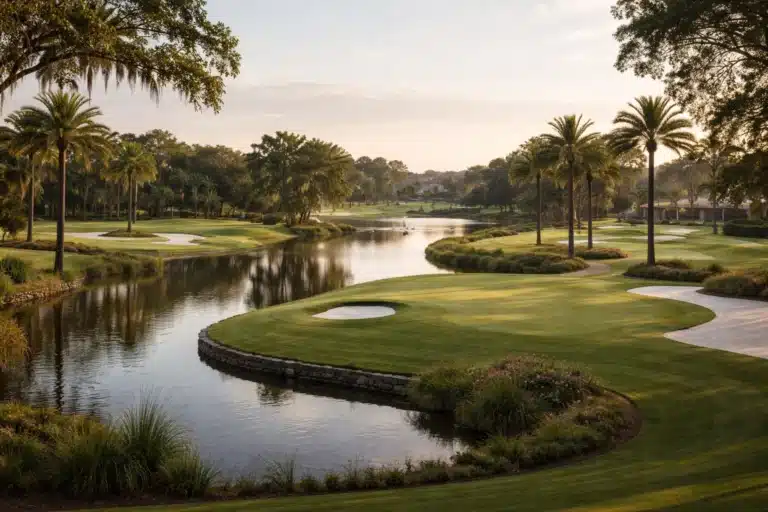 Photorealistic panoramic view of manicured golf fairways and water features surrounded by mature Florida landscaping near Dr. Phillips, Orlando, shown in soft natural light.