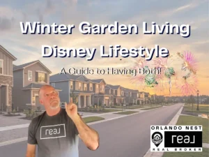 xModern Horizon West neighborhood in south Winter Garden Florida near Disney with sidewalks and palm trees with evening fireworks from Magic Kingdom in the background.