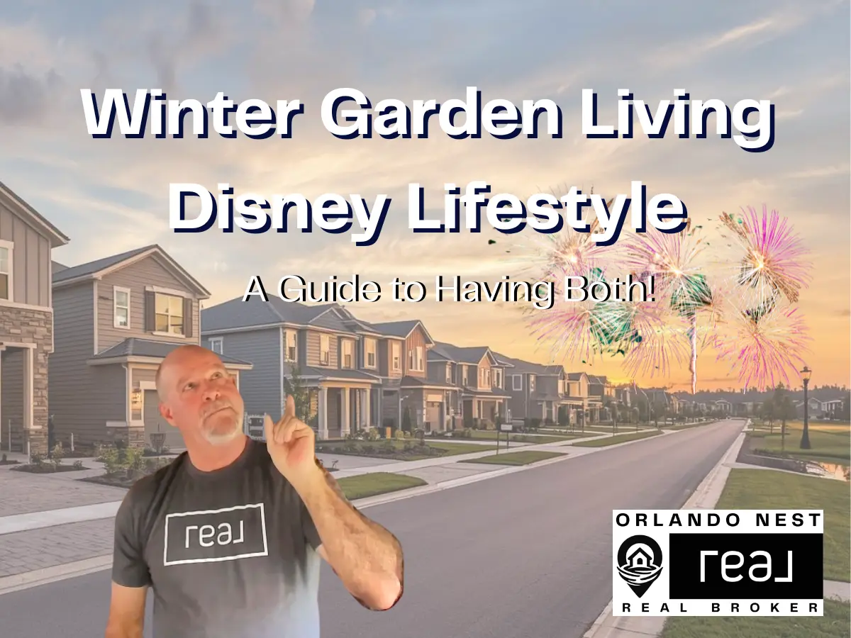 xModern Horizon West neighborhood in south Winter Garden Florida near Disney with sidewalks and palm trees with evening fireworks from Magic Kingdom in the background.