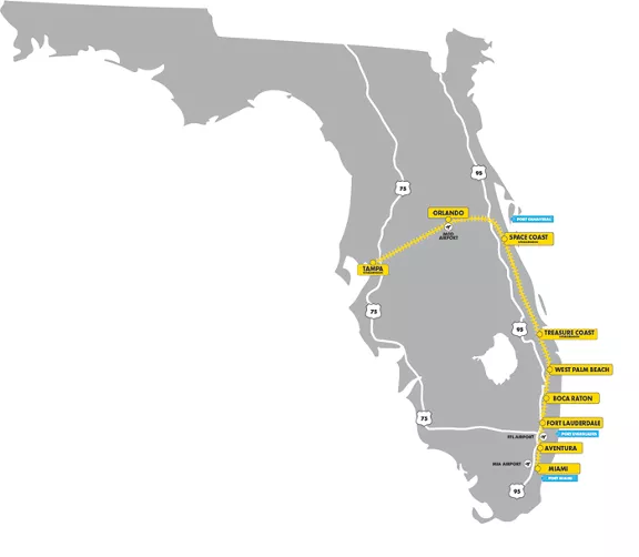 Brightline Florida rail map showing Orlando connecting Tampa, the Space Coast, and South Florida cities