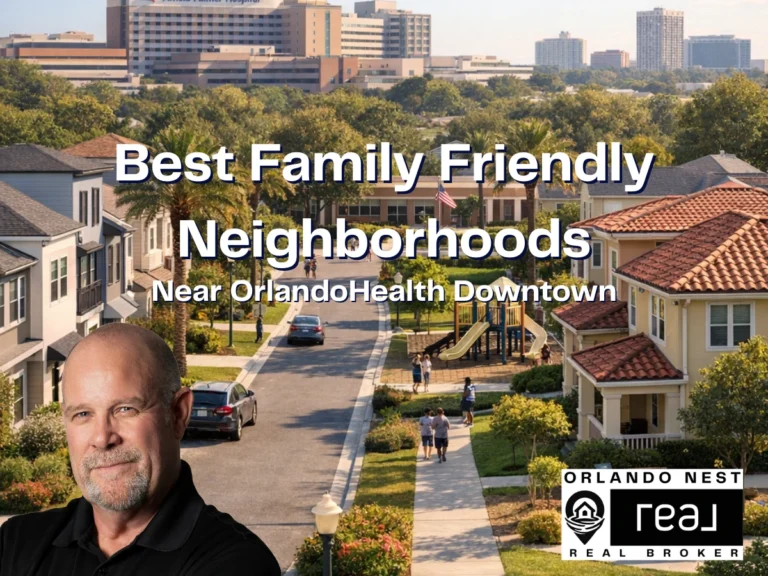 Family-friendly neighborhood near Arnold Palmer / OrlandoHealth Hospital in Orlando with homes, palm trees, sidewalks, and families outdoors.