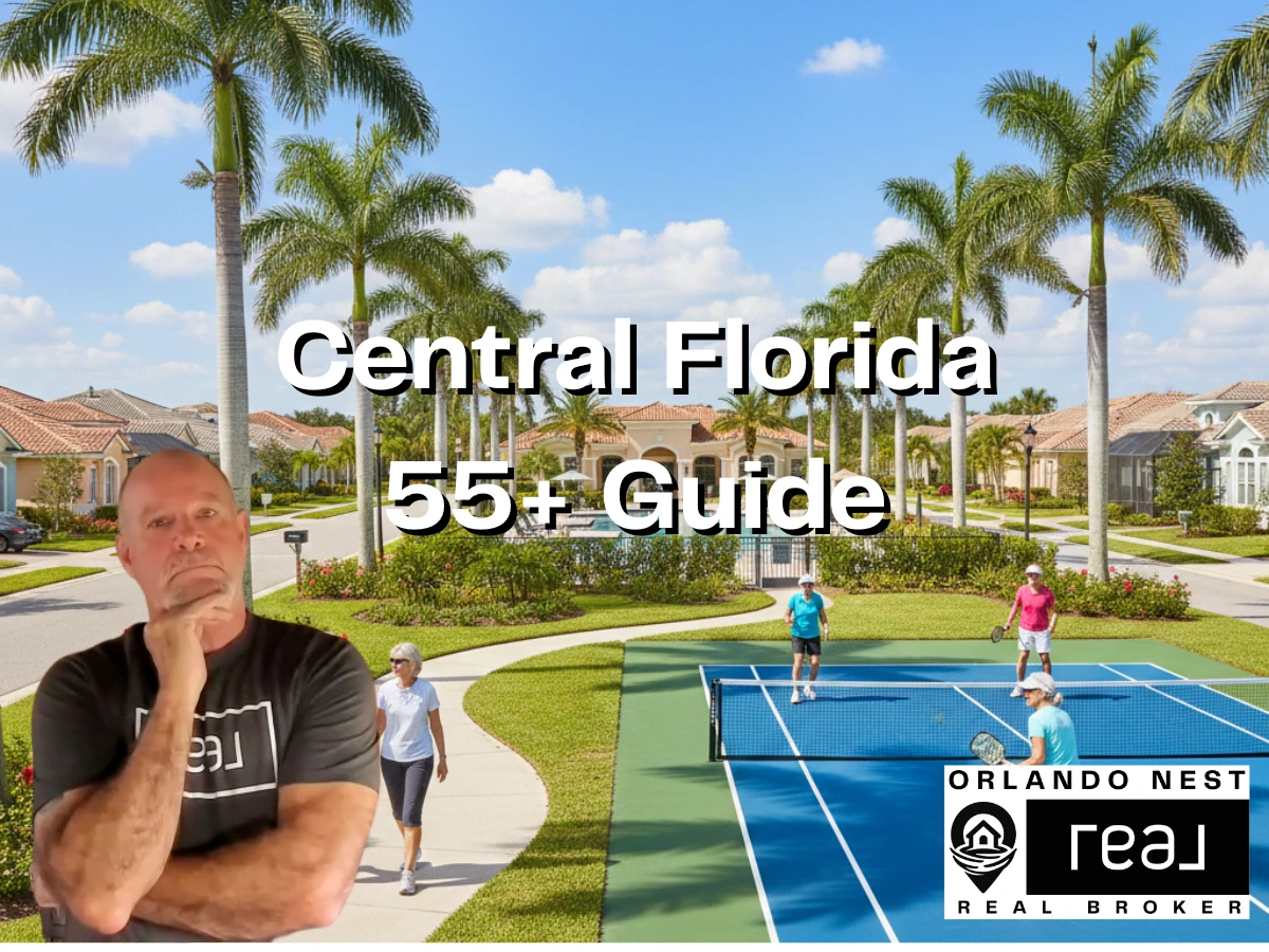 Active retirees playing pickleball and walking along a palm-lined street in a sunny Orlando, Florida 55+ community.