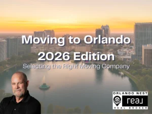 A vibrant image showcasing the skyline of Orlando, FL, featuring residential areas and iconic landmarks, with a "Moving to Orlando in 2026?" overlay text to attract relocating professionals.