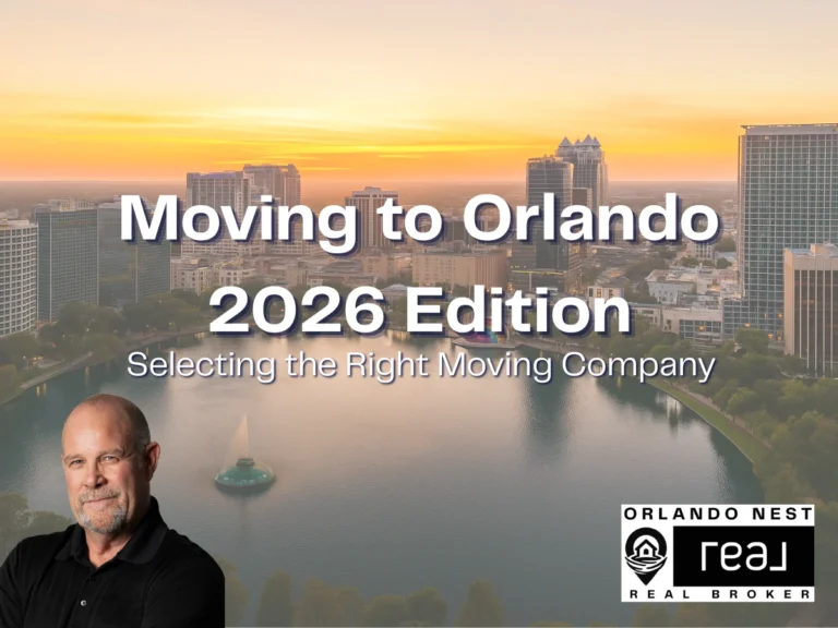 A vibrant image showcasing the skyline of Orlando, FL, featuring residential areas and iconic landmarks, with a "Moving to Orlando in 2026?" overlay text to attract relocating professionals.