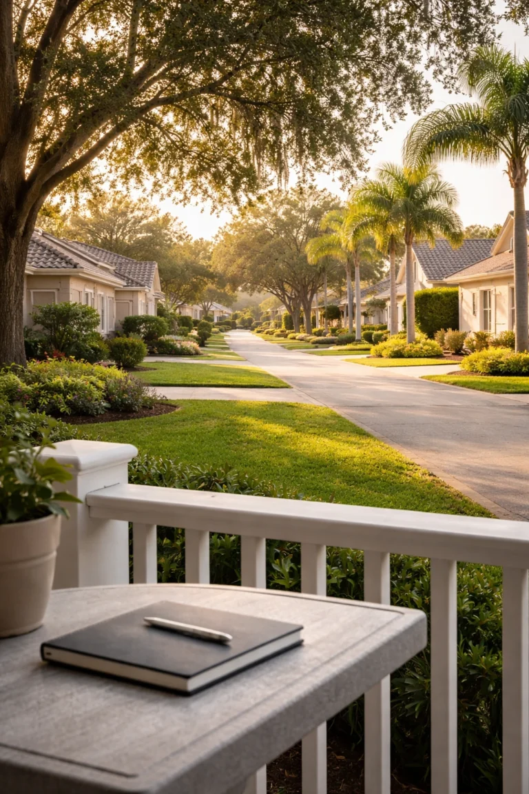 Calm Orlando neighborhood with single-story homes and a notebook symbolizing thoughtful real estate planning for retirees