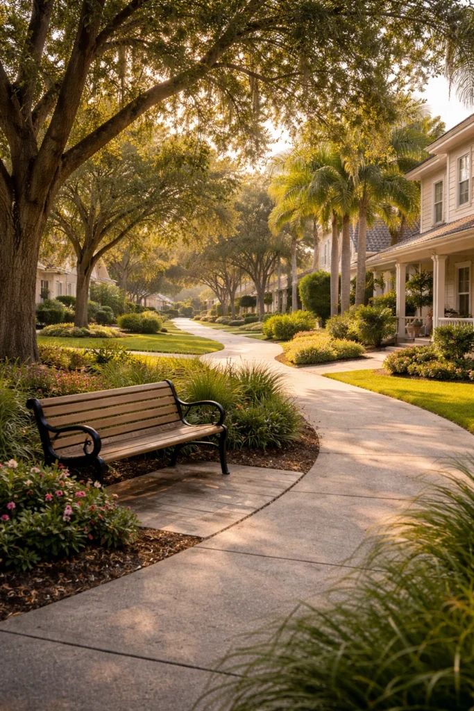 Walkable Orlando neighborhood with tree-lined sidewalks suited for a downsizing retirement lifestyle
