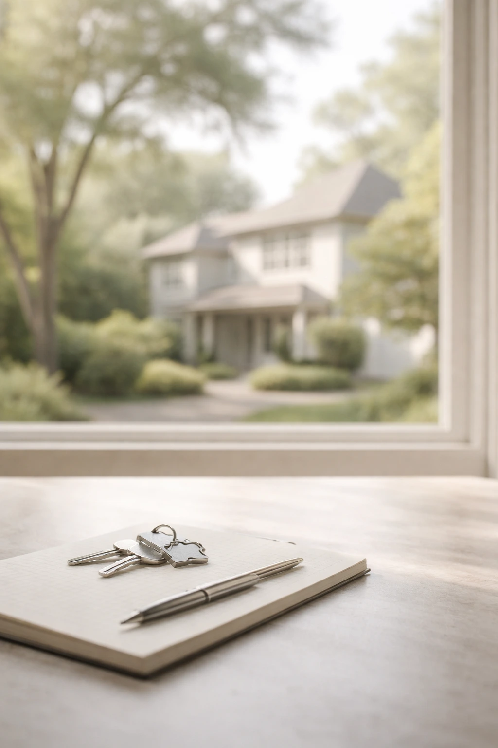 Minimal, professional real estate decision-making scene in Orlando, Florida with neutral tones and calm atmosphere.