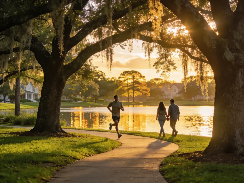 Scenic paved trail around Lake Baldwin in Baldwin Park, Orlando with water reflections and mature trees