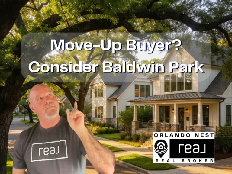 Ted Moseley, Orlando REALTOR® with Real Broker, pointing toward a move-up home in Baldwin Park, Orlando FL
