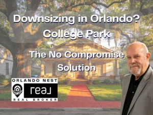 Ted Moseley, Orlando REALTOR® with Real Broker, beside a classic College Park bungalow with Spanish moss oak trees and brick walkway
