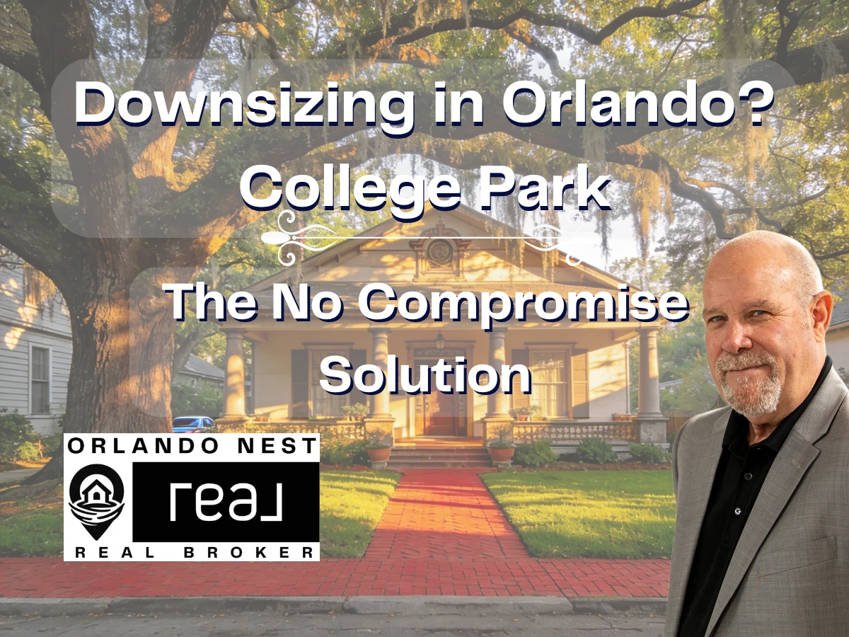 Ted Moseley, Orlando REALTOR® with Real Broker, beside a classic College Park bungalow with Spanish moss oak trees and brick walkway