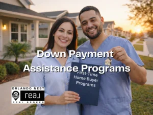 Orlando public service worker couple holding keys outside a new home at sunset for Hometown Heroes context.