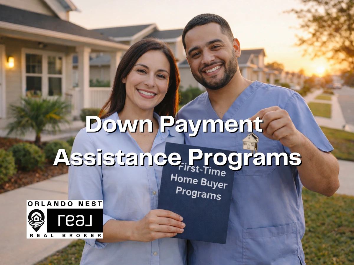 Orlando public service worker couple holding keys outside a new home at sunset for Hometown Heroes context.