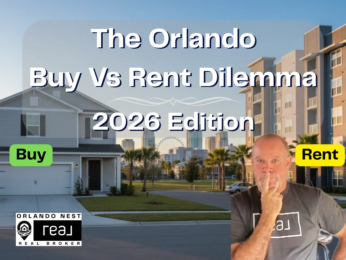 Orlando buy vs rent 2026 infographic showing house, cityscape, apartment with text "The Orlando Buy vs Rent Dilemma — 2026 edition"