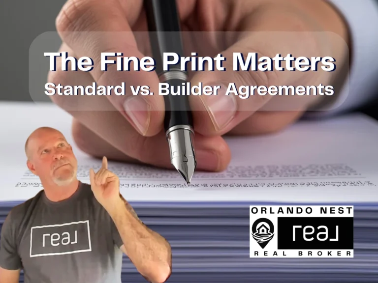 Close-up of a person's hand holding a pen over a thick stack of legal paperwork for a new construction home purchase agreement in Florida.