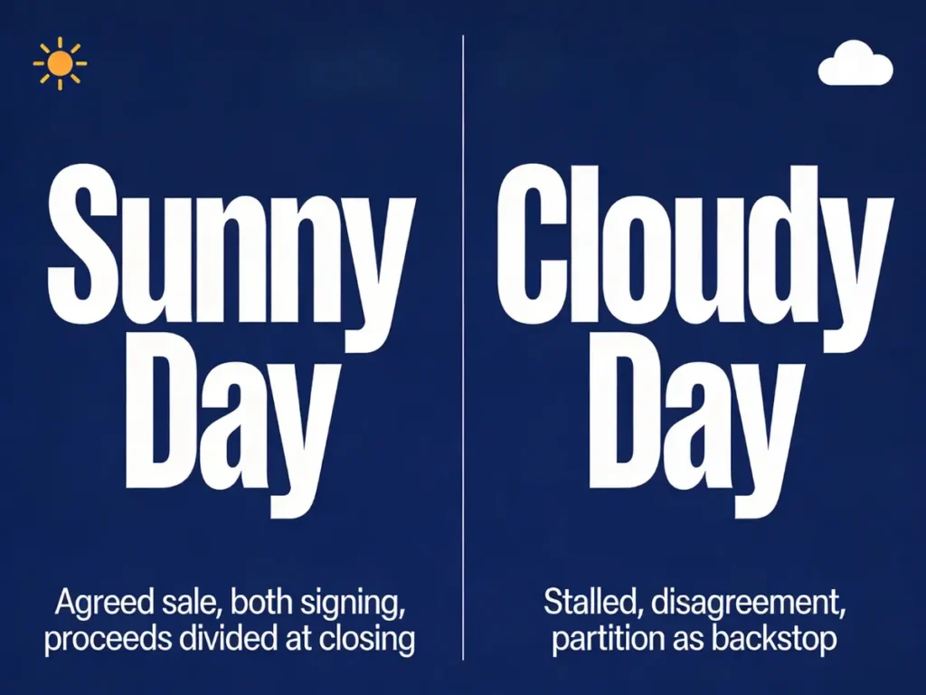 Comparison graphic showing options for co-owners selling a home in Florida — cooperative sale vs. partition action