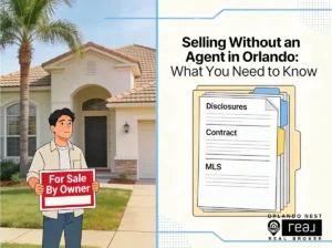 Homeowner in front of Orlando home holding FSBO sign next to a real estate document checklist