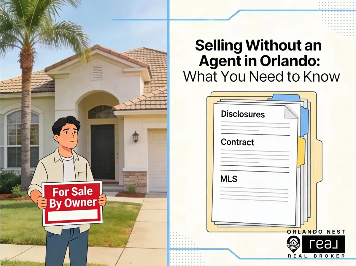 Homeowner in front of Orlando home holding FSBO sign next to a real estate document checklist
