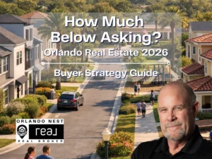 Orlando neighborhood street with headline “How Much Below Asking?” for 2026 buyer negotiation guide.