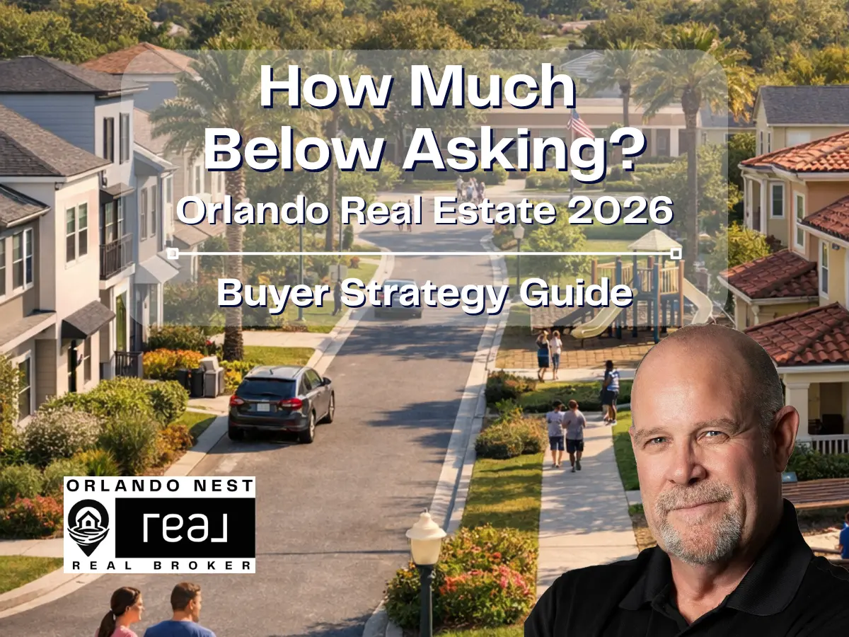 Orlando neighborhood street with headline “How Much Below Asking?” for 2026 buyer negotiation guide.
