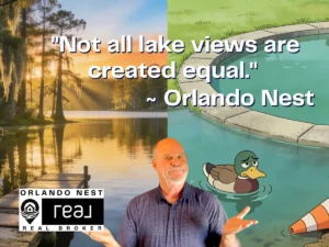 Split image comparing a real Central Florida lake view home with a retention pond, illustrating the difference buyers face in Orlando