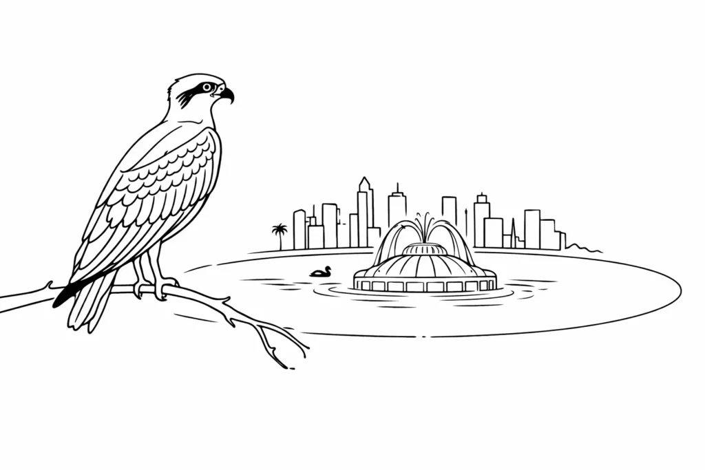 Line art illustration of an osprey perched on a branch overlooking Lake Eola fountain and the Orlando downtown skyline