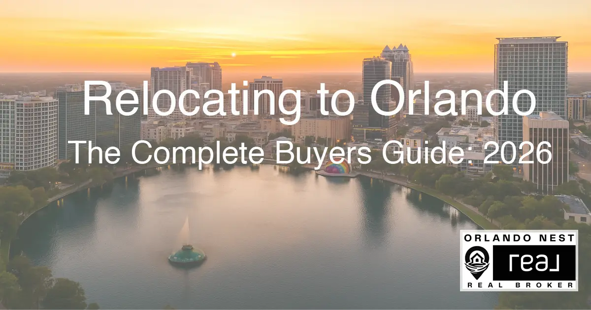 Aerial view of Orlando Florida skyline with Lake Eola at sunset — relocation guide for professionals buying a home after a career change