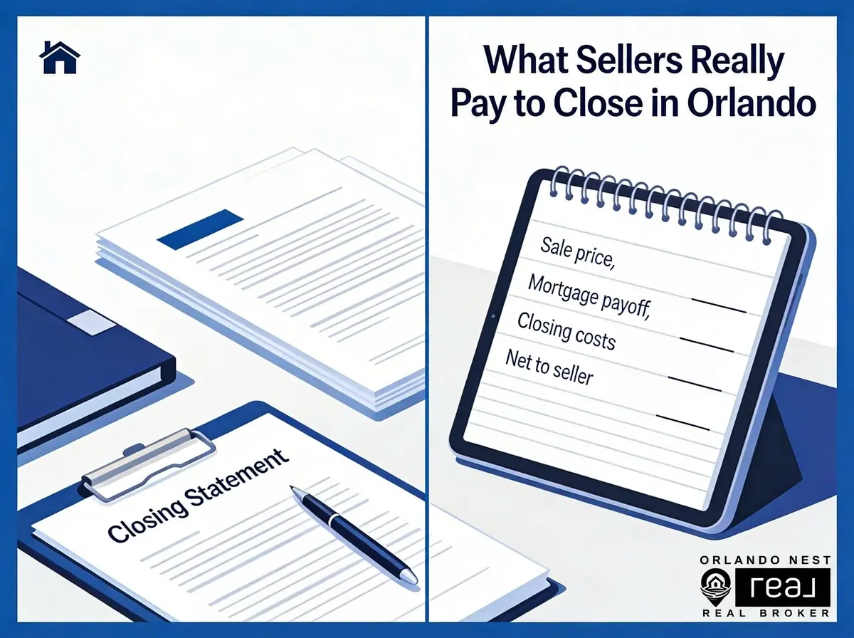 Closing documents and a net sheet calculator on a desk representing seller closing costs in Florida for 2026