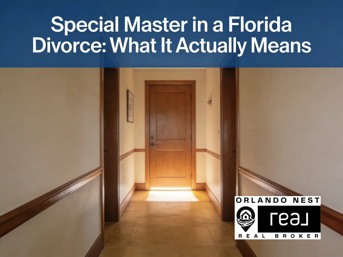 Neutral hallway representing a Florida divorce court proceeding involving a Special Master home sale appointment