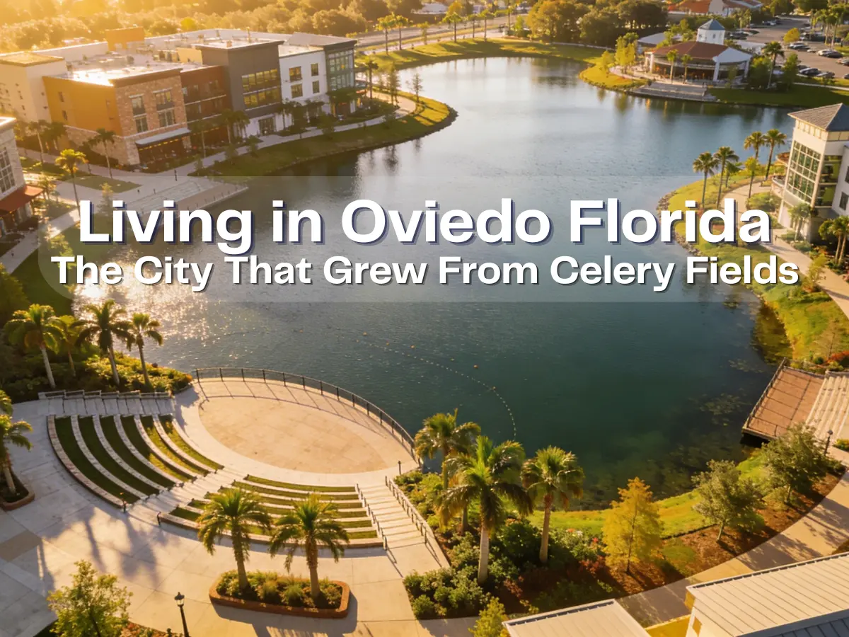 Photorealistic aerial view of Oviedo on the Park - a major hub in the city of Oviedo, FL