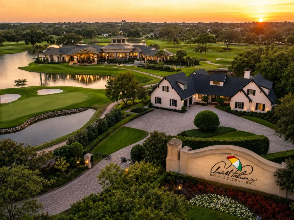 Aerial sunset view of Arnold Palmer's Bay Hill Club and Lodge in Orlando Florida showing championship putting green, sand bunkers, reflection pond, and clubhouse entrance at dus