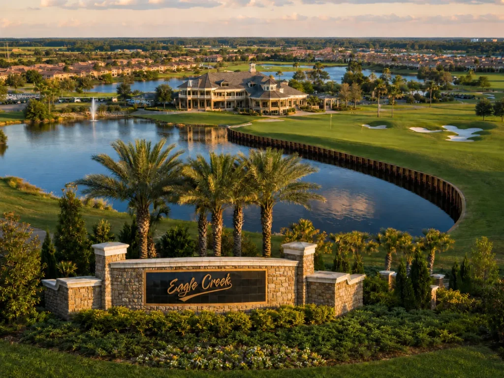 Aerial view of Eagle Creek Golf Club community entrance in Lake Nona Orlando Florida showing stone sign, circular bulkhead water feature, Belfry clubhouse, and championship golf course at sunset