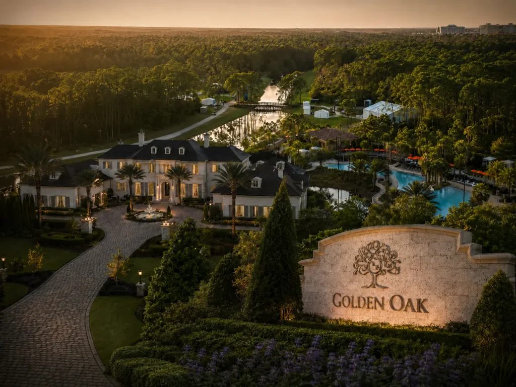 Aerial view of Golden Oak at Walt Disney World Resort showing luxury estate home, resort-style pool, and Tranquilo Golf Club fairway at sunset in Orlando Florida