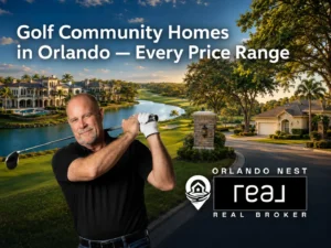 Collage of golf community homes in Orlando Florida from luxury estates to budget-friendly gated communities