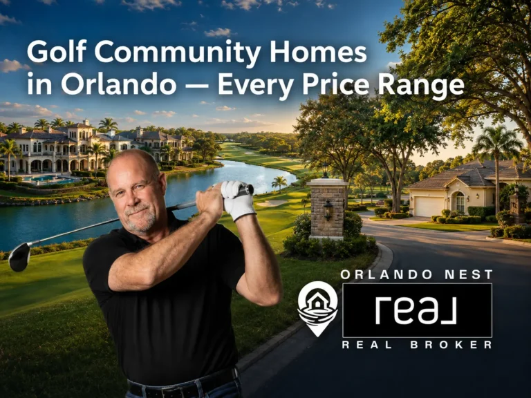 Collage of golf community homes in Orlando Florida from luxury estates to budget-friendly gated communities