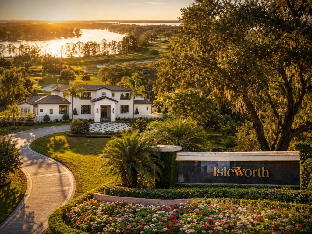 Aerial sunset view of Isleworth Golf and Country Club in Windermere Florida showing luxury estate home, championship golf course fairway, and Butler Chain of Lakes in the background