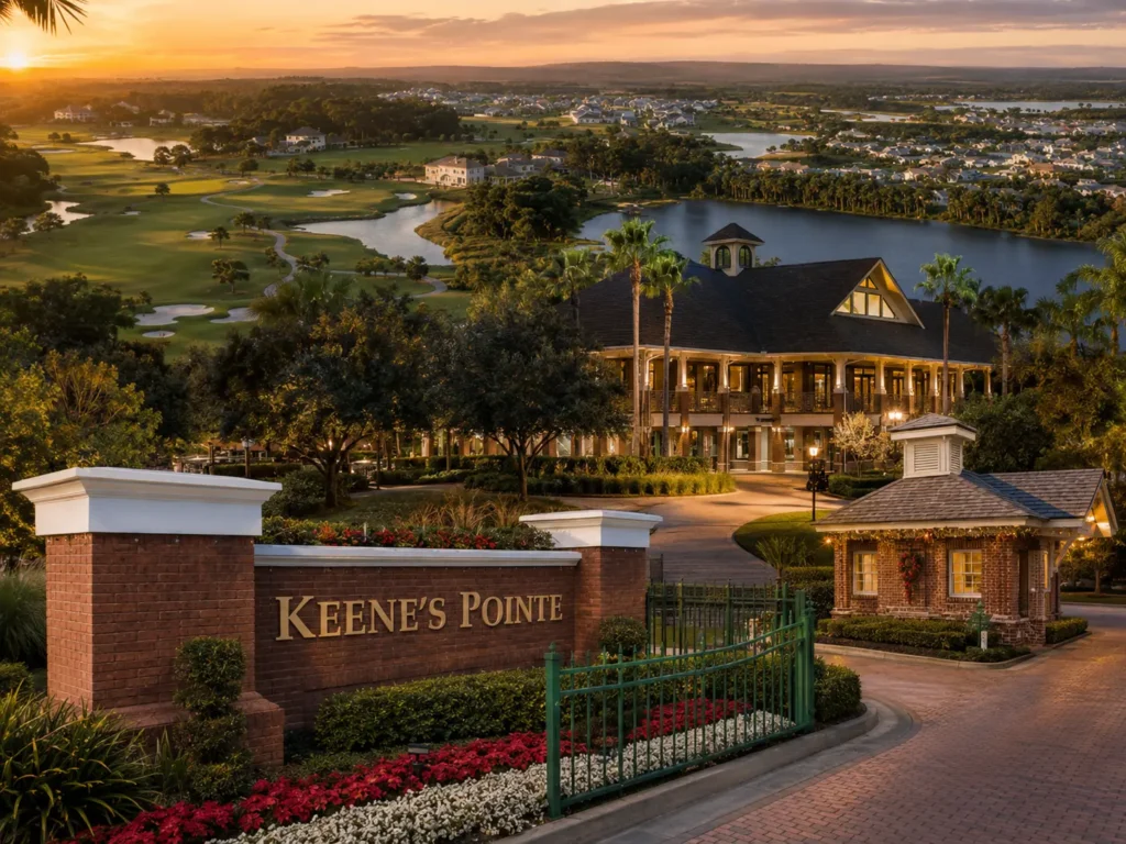 Aerial sunset view of Keene's Pointe guard gate and Golden Bear Club clubhouse in Windermere Florida with Jack Nicklaus golf course fairway and Butler Chain of Lakes in the background