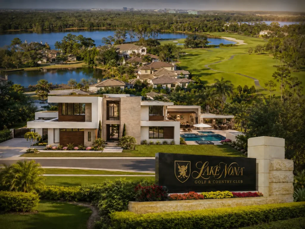 Aerial view of Lake Nona Golf and Country Club in Orlando Florida showing modern luxury estate home with pool, Tom Fazio championship fairway, and community lake at sunset