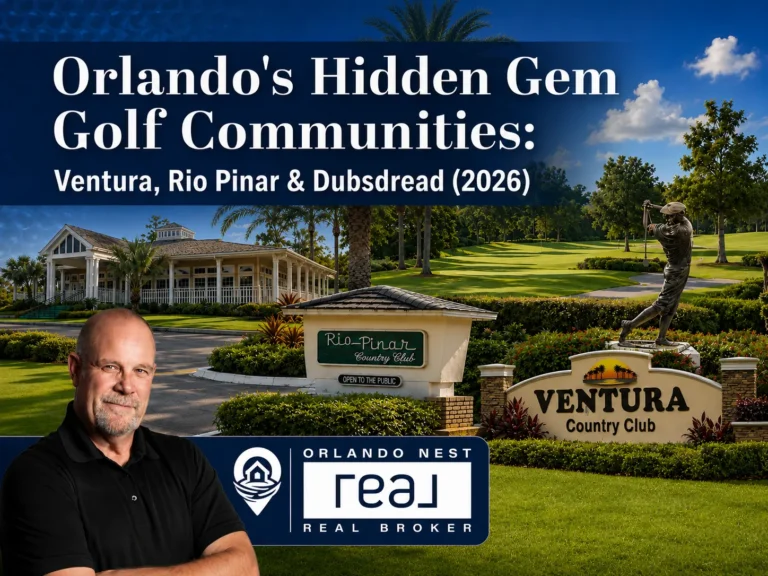 Three-panel image showing Ventura Country Club, Rio Pinar, and Dubsdread golf courses in Orlando