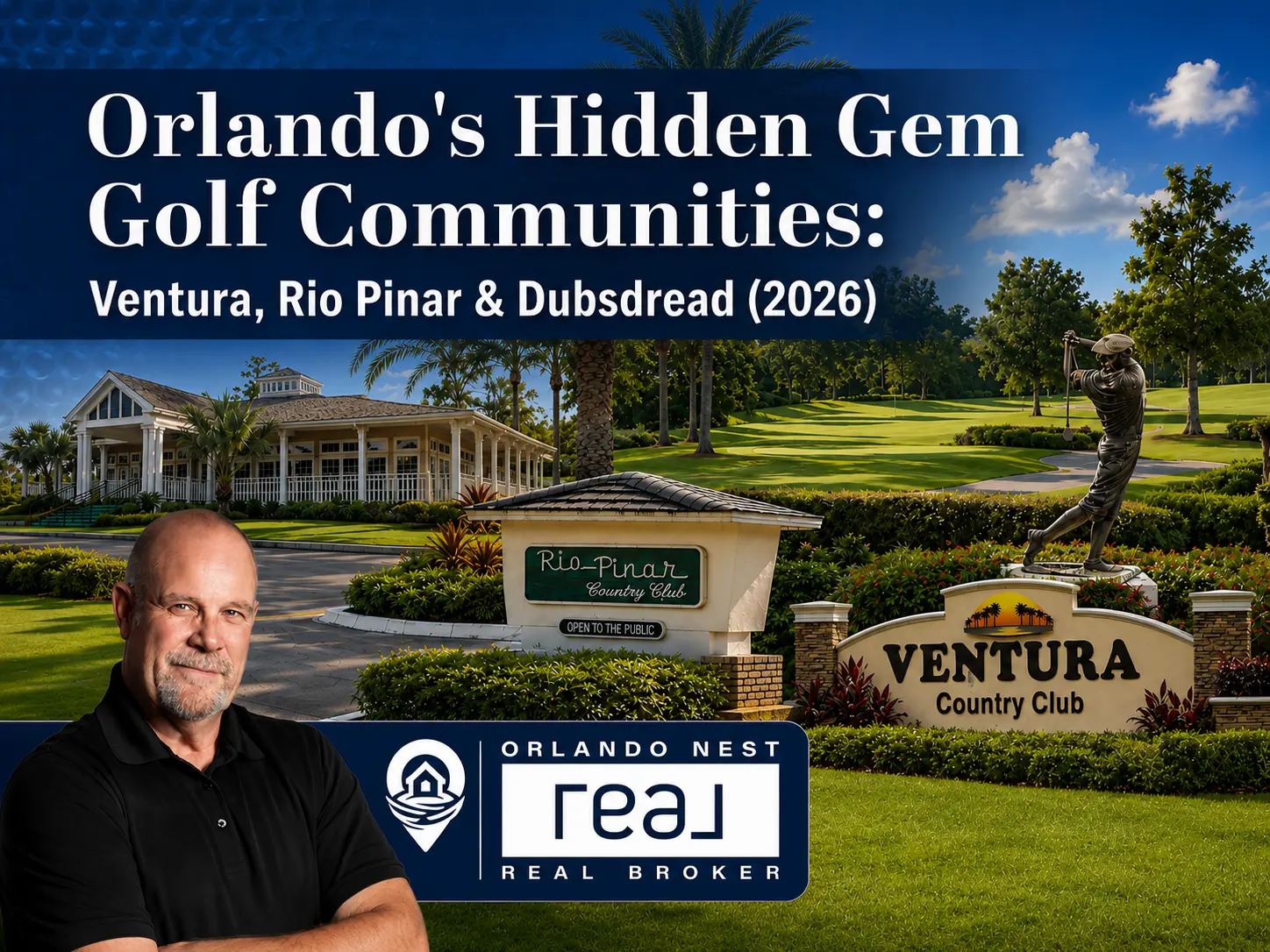 Three-panel image showing Ventura Country Club, Rio Pinar, and Dubsdread golf courses in Orlando