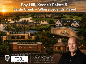 A composite view of premier Orlando golf courses at Bay Hill, Keene's Pointe and Eagle Creek with sunset over golf courses and clubhouses