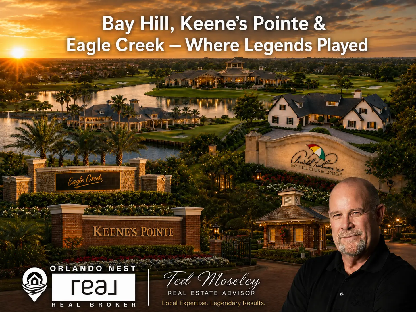 A composite view of premier Orlando golf courses at Bay Hill, Keene's Pointe and Eagle Creek with sunset over golf courses and clubhouses