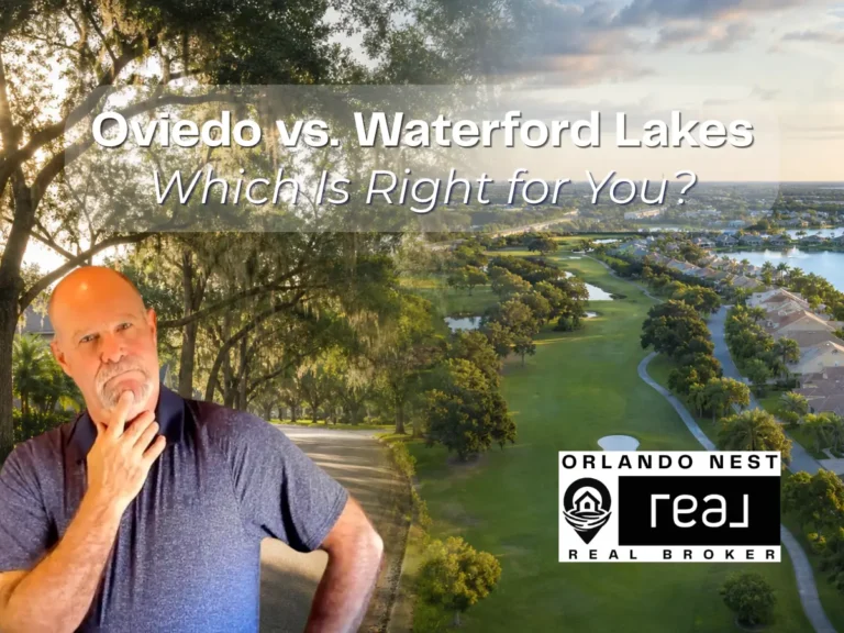 Split image comparing Oviedo Florida neighborhood street with Waterford Lakes golf community aerial view