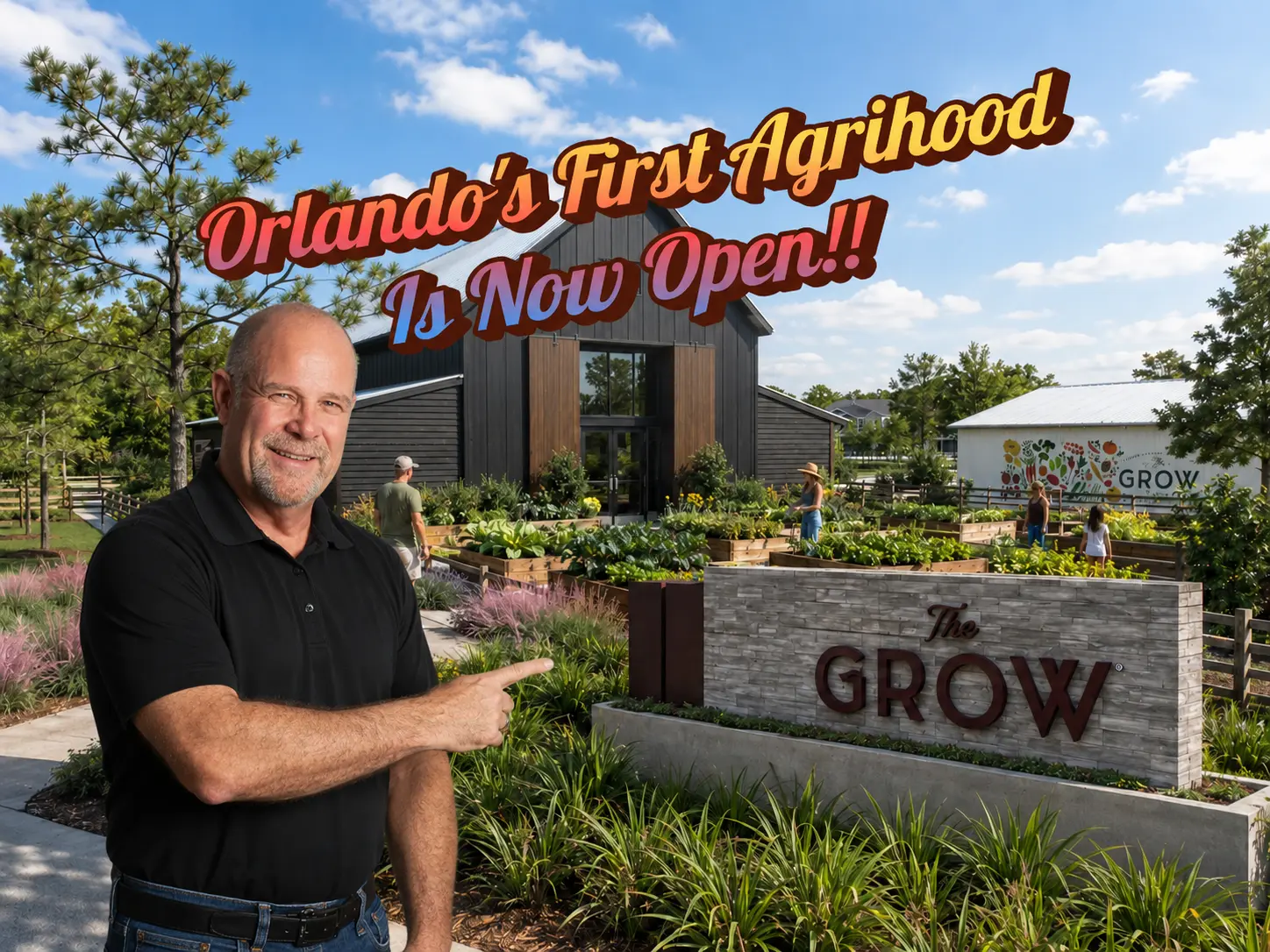 Farmhouse-style building at The Grow agrihood community in East Orlando with working farm and gardens visible