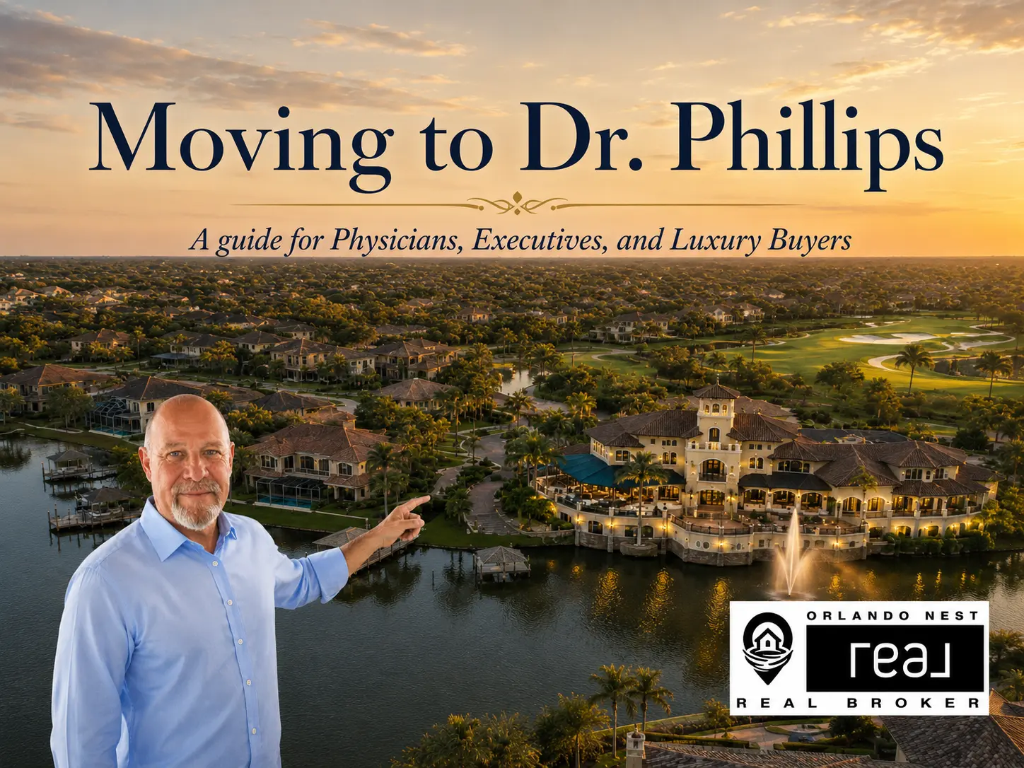Aerial view of Dr. Phillips Orlando neighborhood with butler chain lake, tree-lined streets, and custom luxury homes