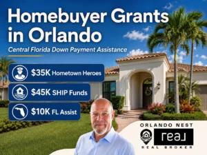 Three homebuyer assistance programs displayed as grant badges over a Central Florida home — Hometown Heroes, SHIP, and FL Assist