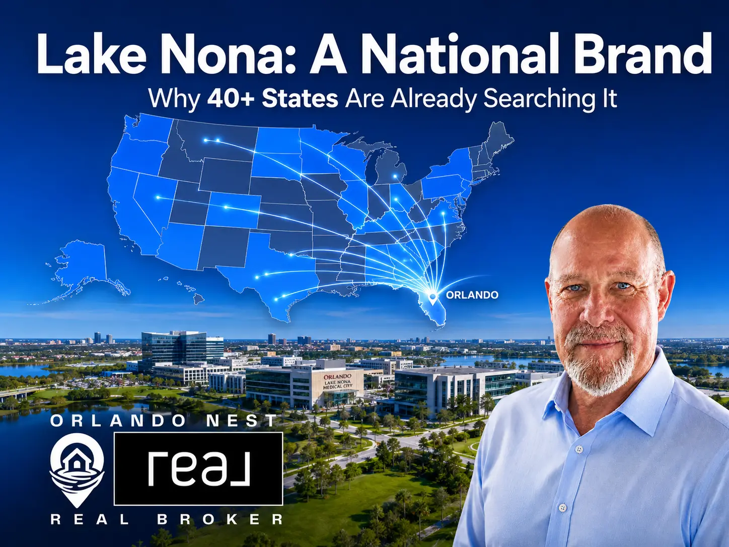 Aerial view of Lake Nona Orlando with US map overlay showing states searching Lake Nona with arrows pointing from the states to Orlando