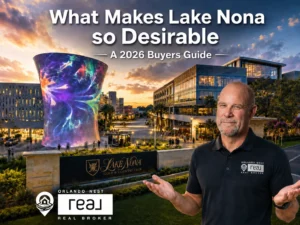 Lake Nona master-planned community landmarks collage with modern homes and walking trails in southeast Orlando