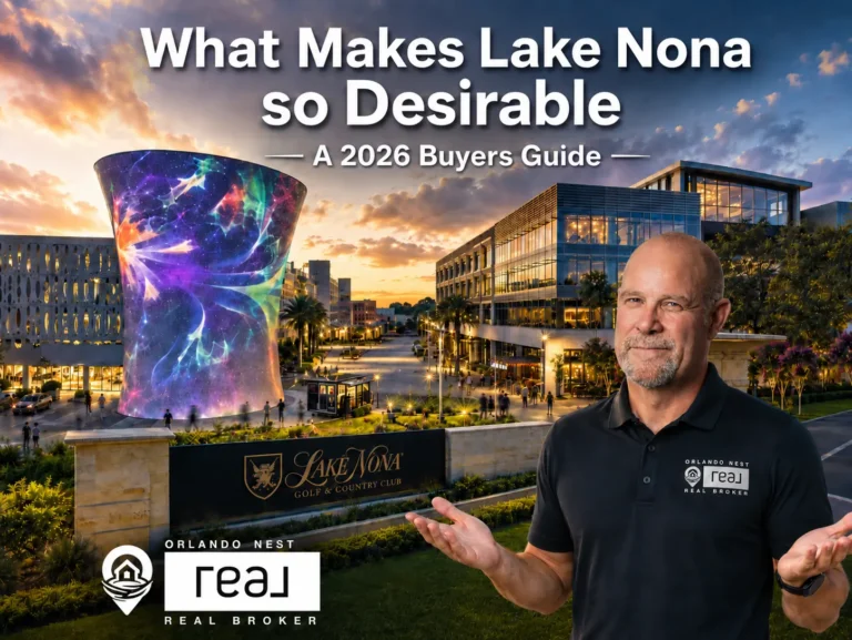 Lake Nona master-planned community landmarks collage with modern homes and walking trails in southeast Orlando
